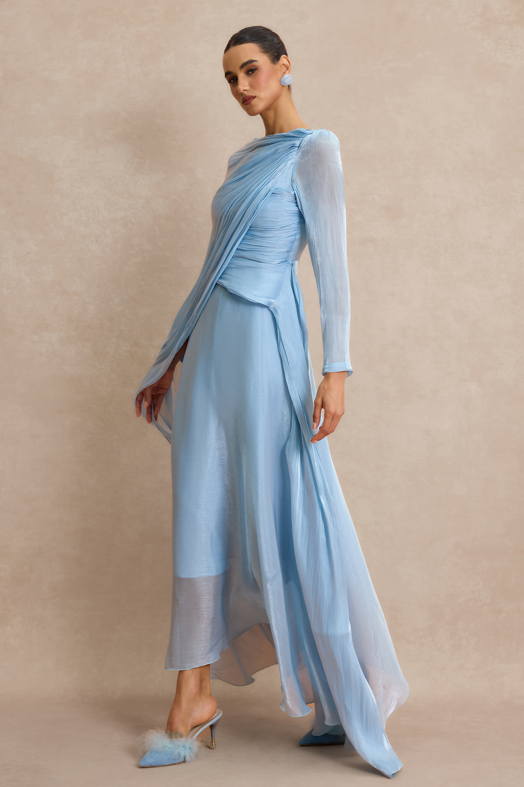 Solid Gathering Asymmetry Hem Cape Maxi Dress