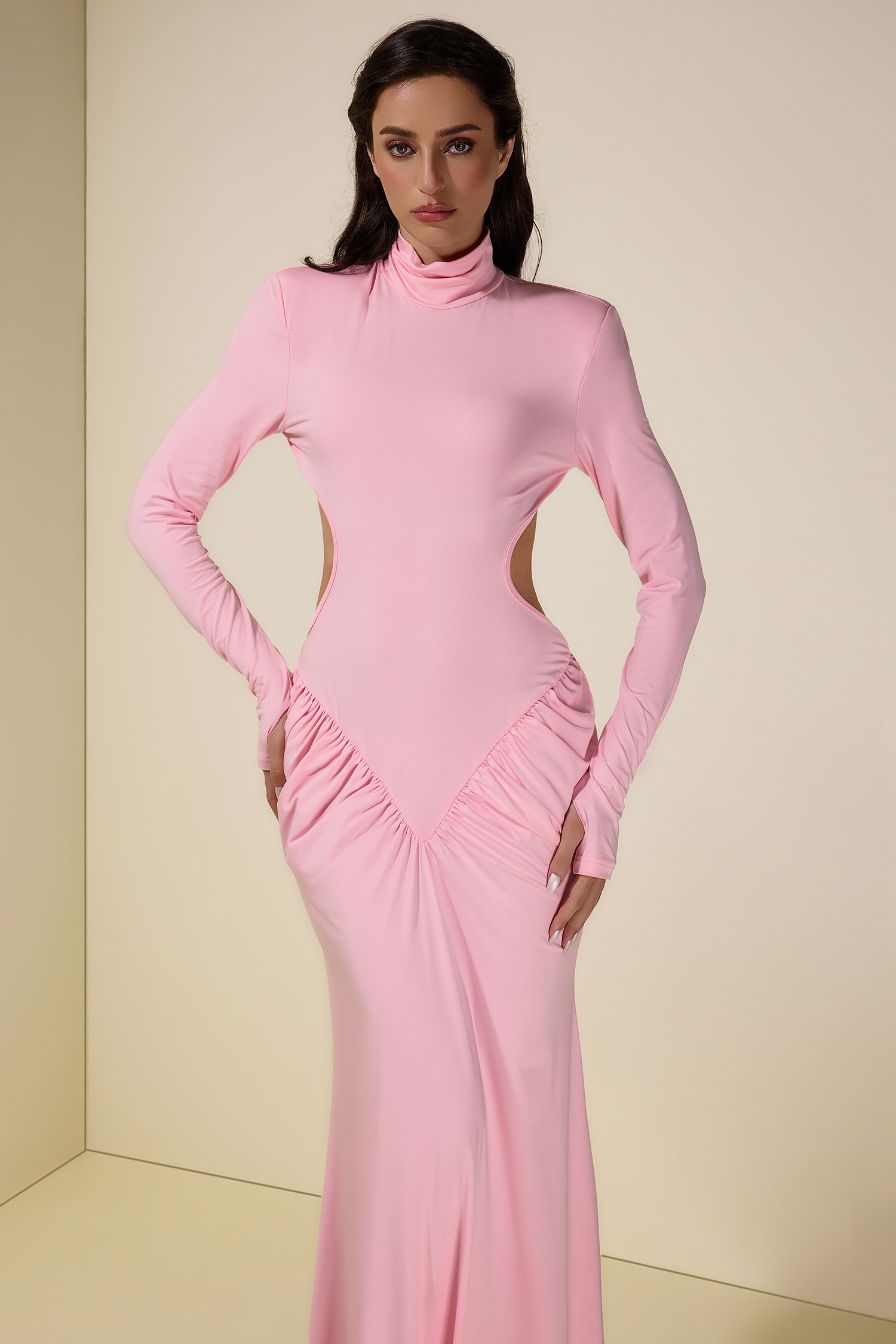 Solid Gathering Cut-Out Maxi Dress