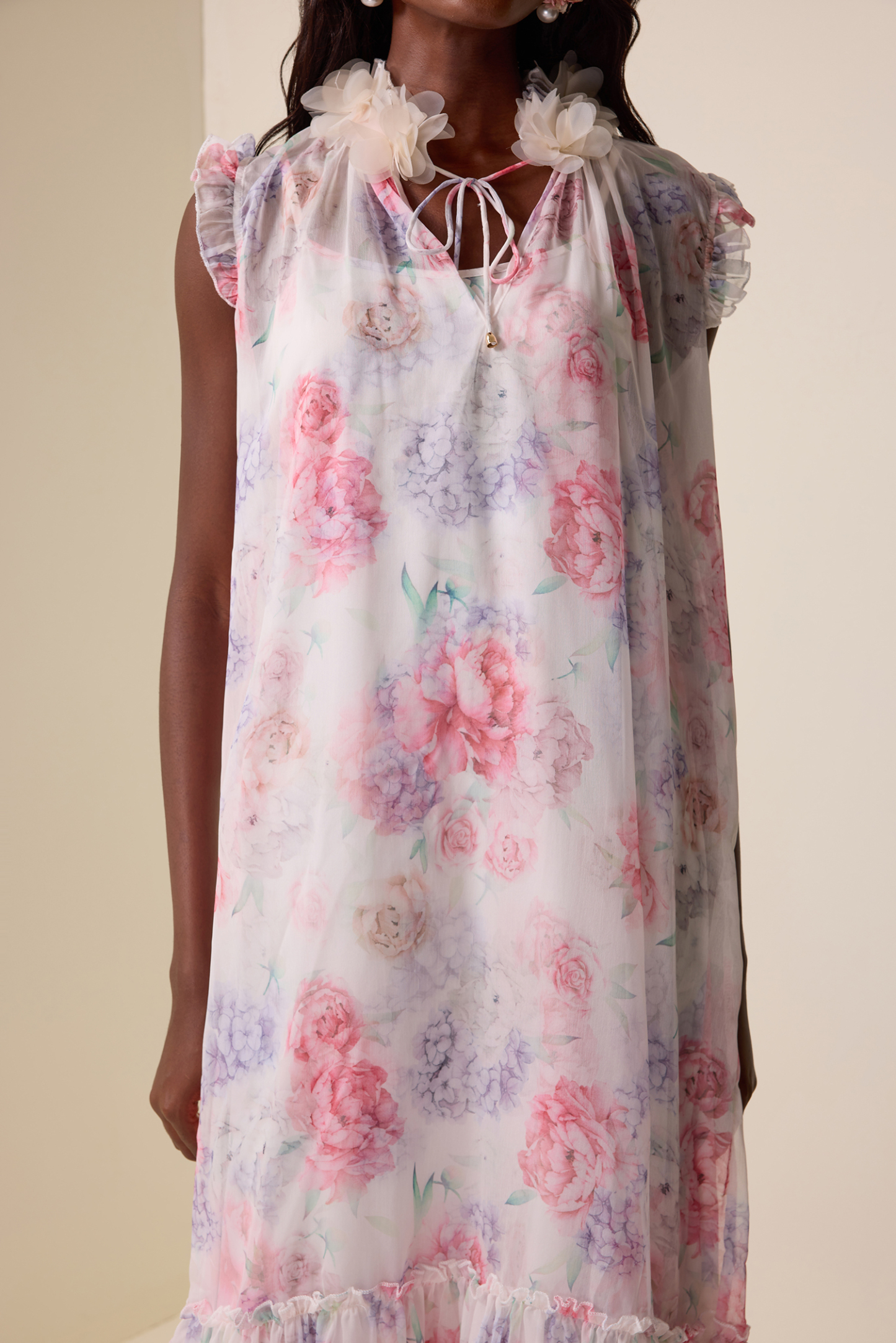 Floral Ruffle Lace-Up Midi Dress