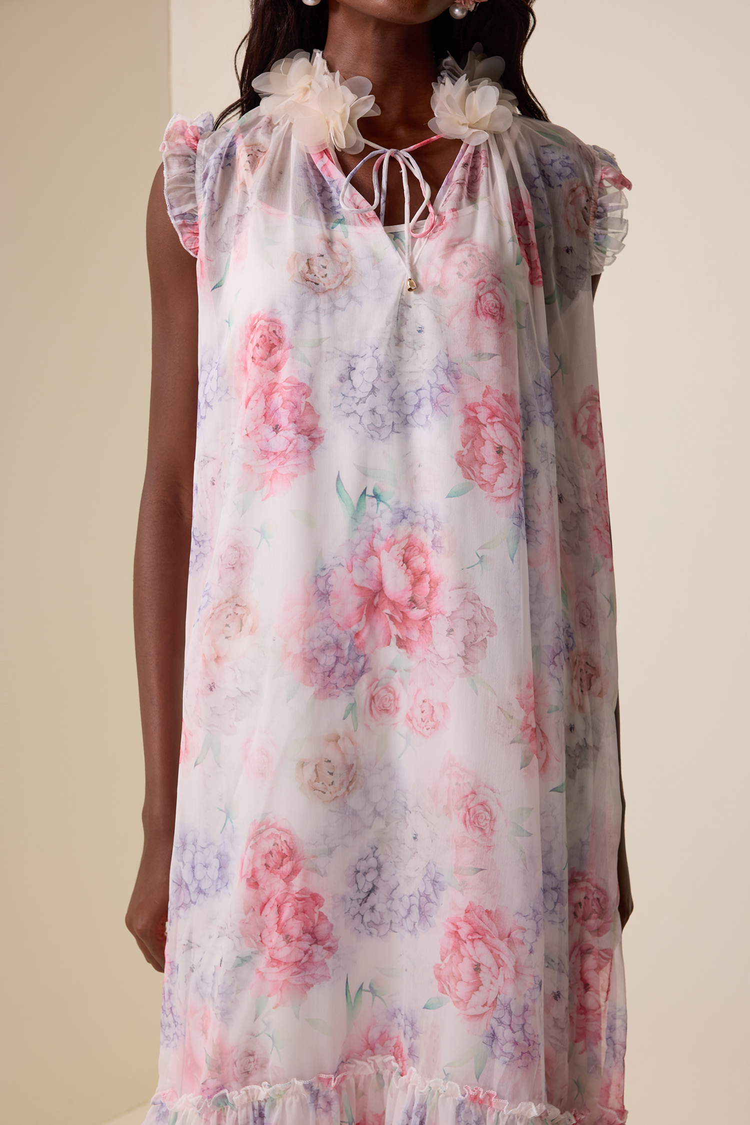 Floral Ruffle Lace-Up Midi Dress