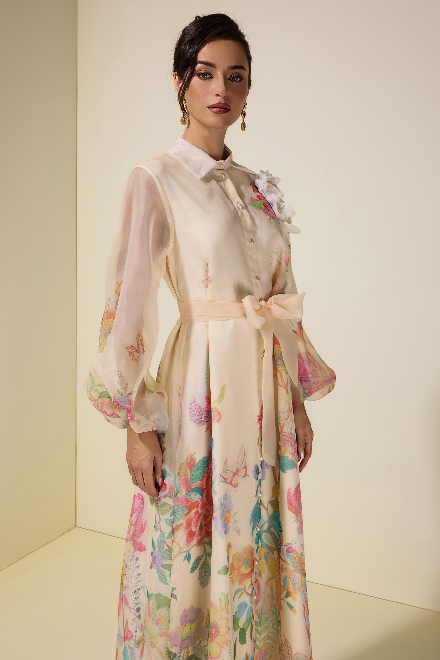 Floral Puff Sleeve Maxi Dress With Belt