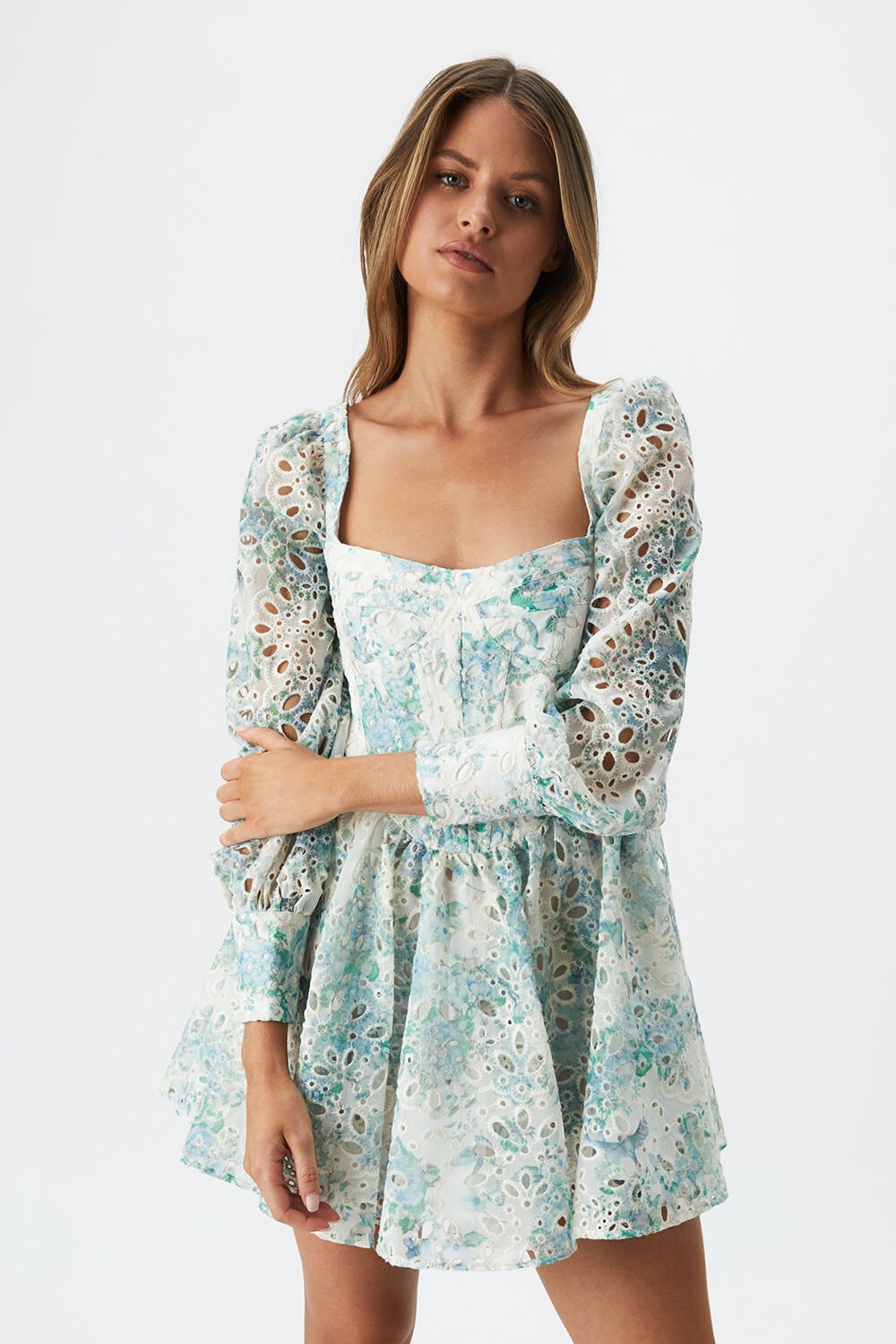 Floral Puff Long Sleeve Ruffle Mini Dress