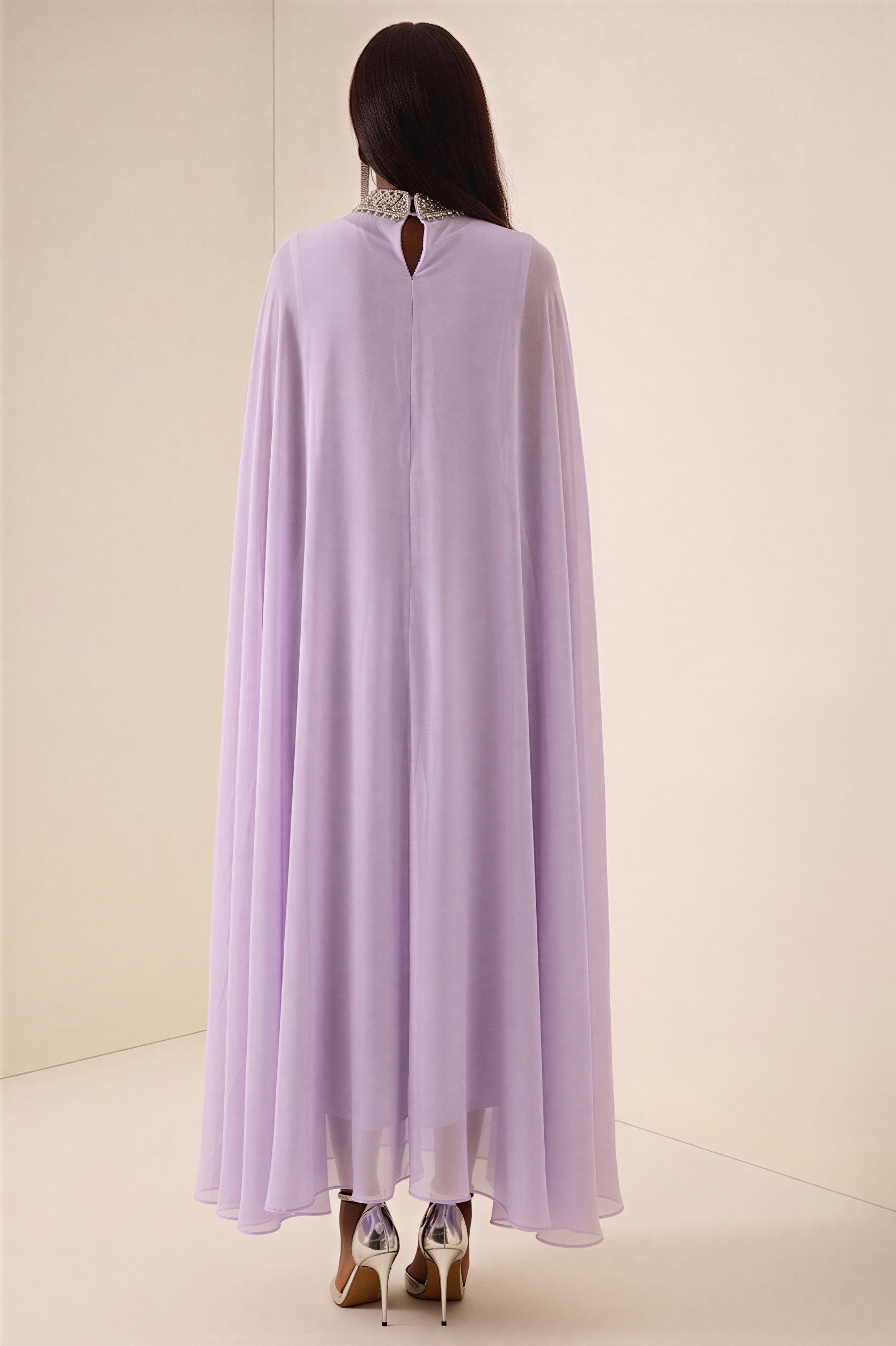 Chiffon Rhinestone Rivets Cape Midi Dress