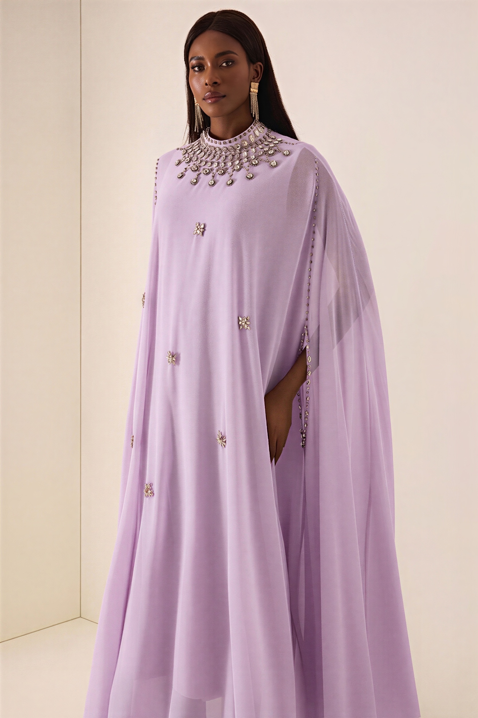 Chiffon Rhinestone Rivets Cape Midi Dress