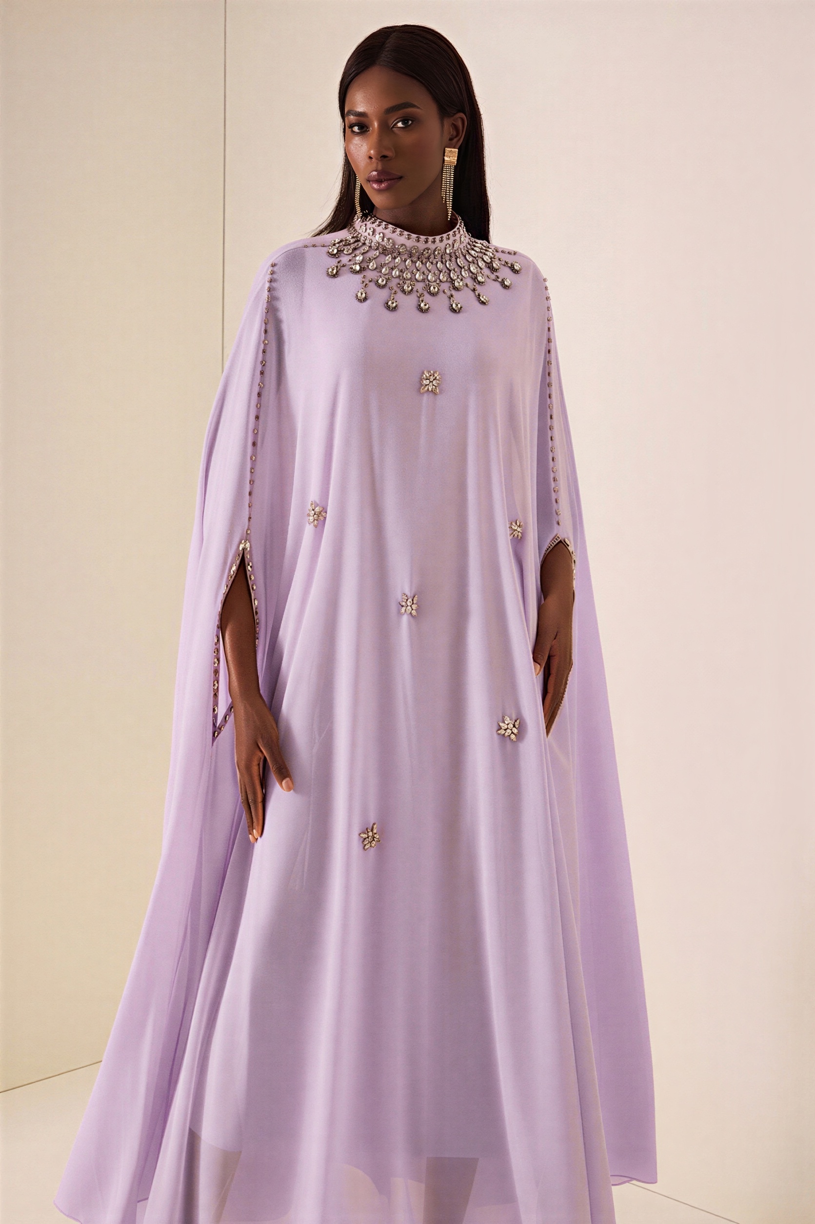 Chiffon Rhinestone Rivets Cape Midi Dress