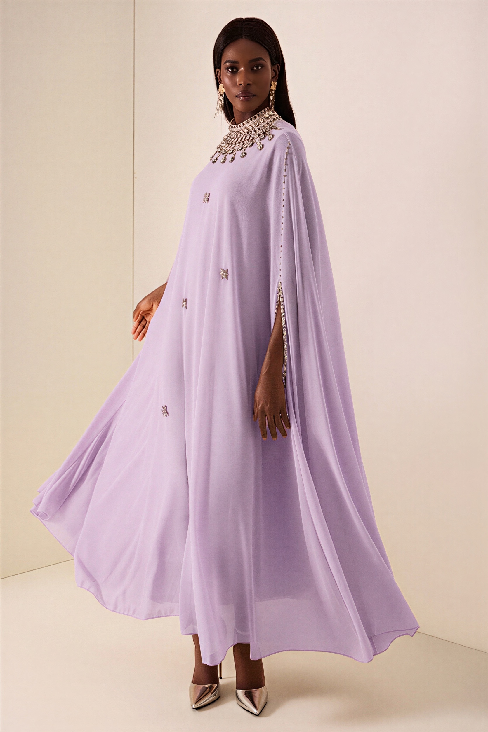 Chiffon Rhinestone Rivets Cape Midi Dress