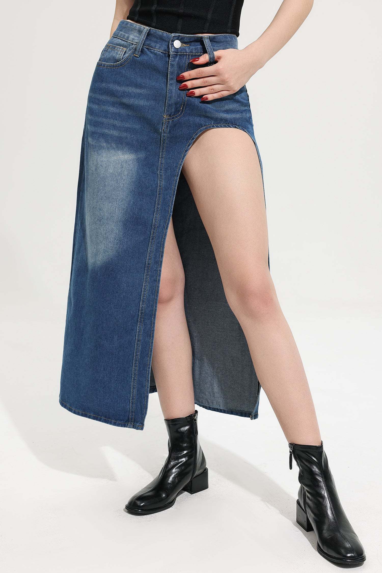 High Waist Split Denim Skirt
