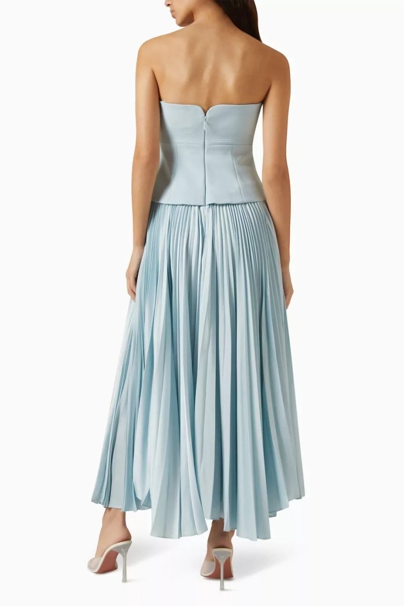 Marine Off-Shoulder Pleated Midi Dress in Blue