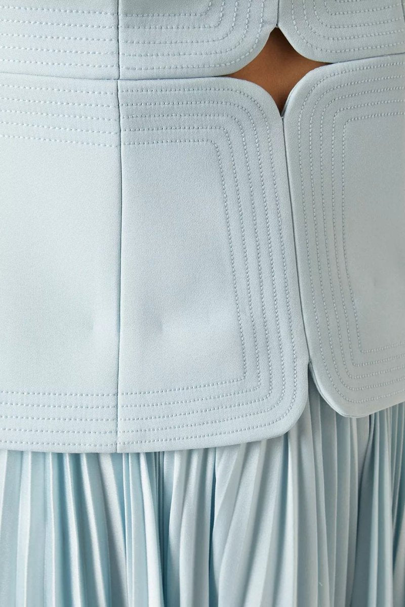 Marine Off-Shoulder Pleated Midi Dress in Blue