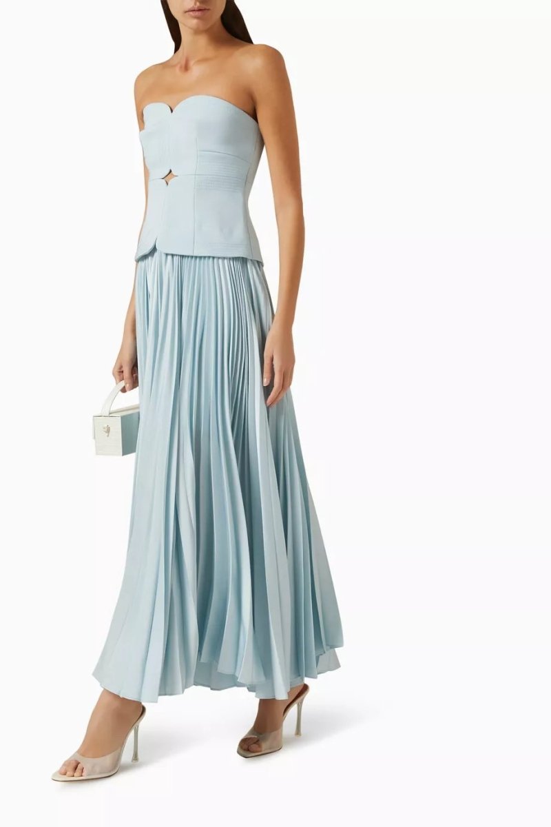 Marine Off-Shoulder Pleated Midi Dress in Blue