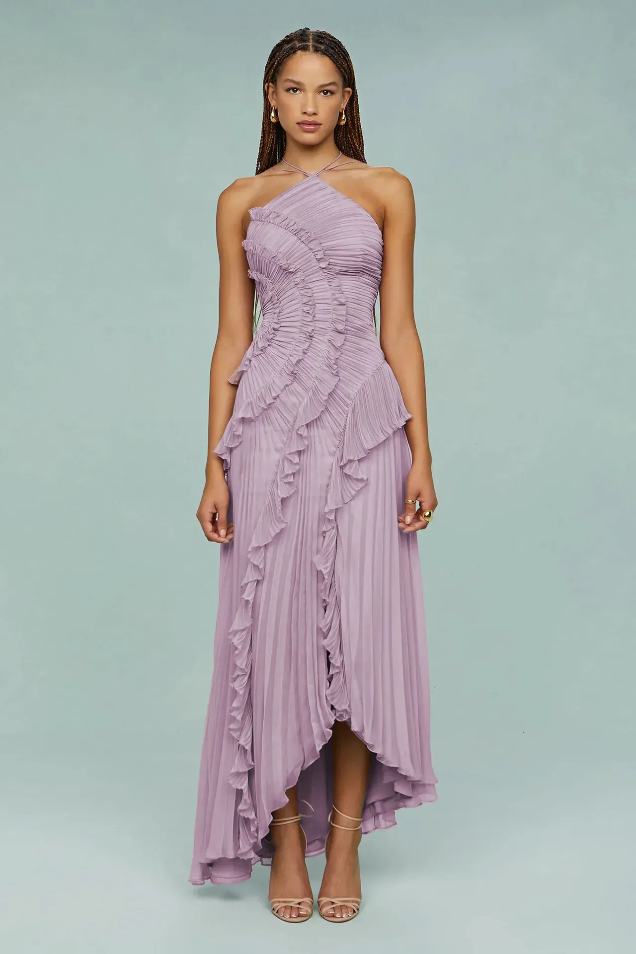 Pleated Frill Halter Neck Midi Dress