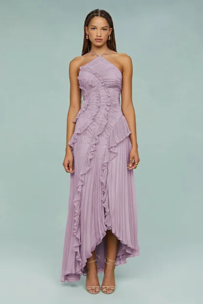 Pleated Frill Halter Neck Midi Dress