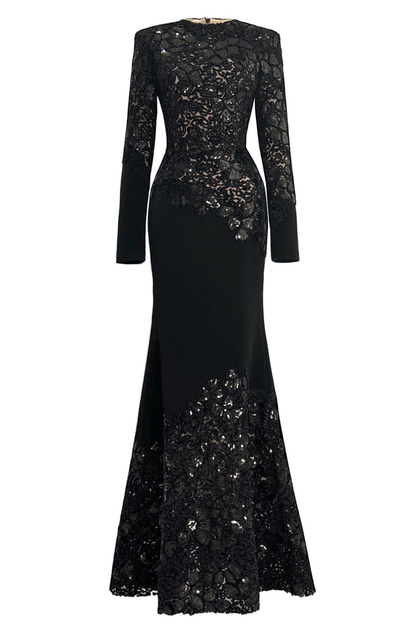 Sequin Splicing  Embroidery Long Sleeve Maxi Dress