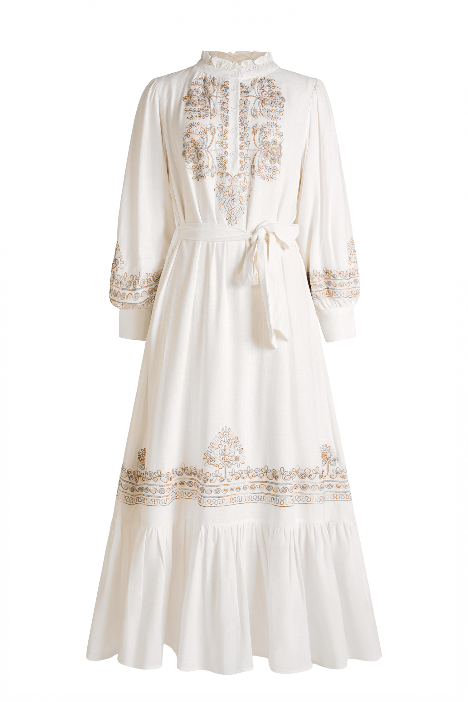 Embroidered Lace-Up Lantern Sleeve Midi Dress