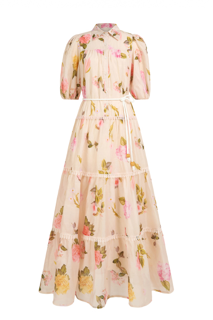 Single Breasted Lace Floral Midi Dress