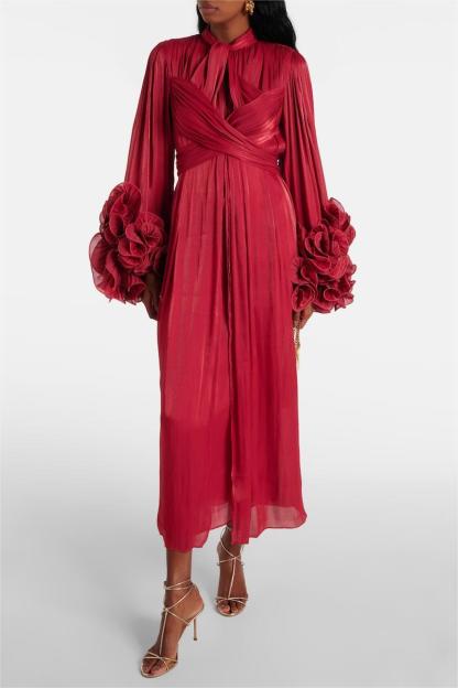 3D Flower Solid Long Sleeve Midi Dress