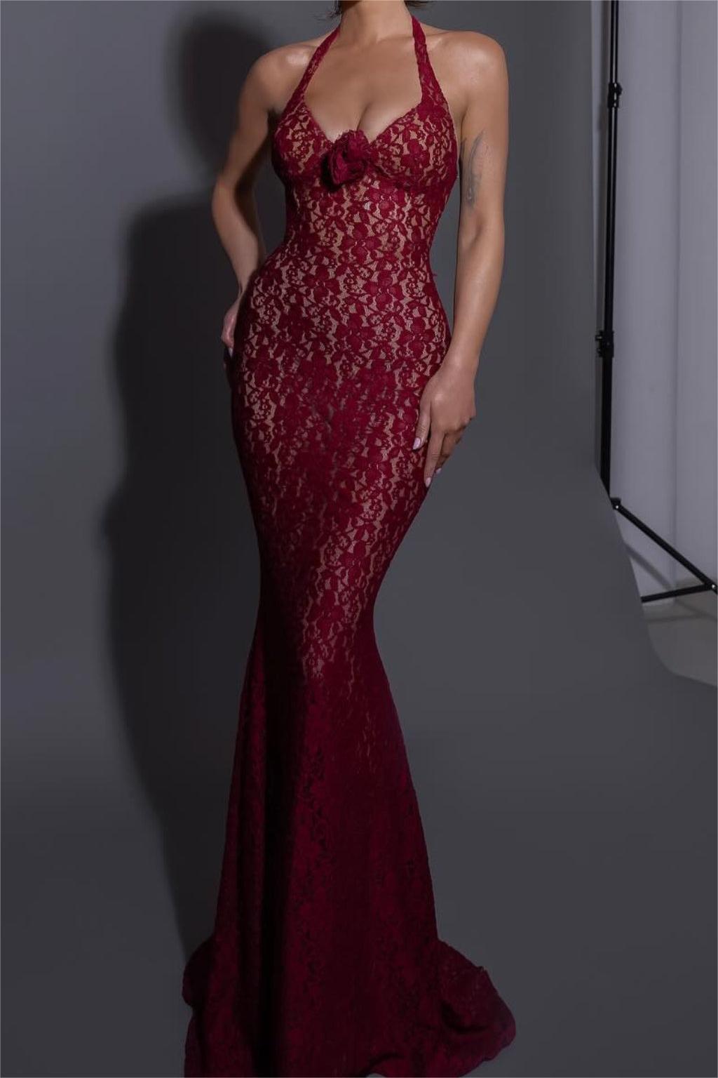 3D Flower Lace Halter Neck Maxi Dress With Gloves