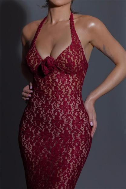 3D Flower Lace Halter Neck Maxi Dress With Gloves
