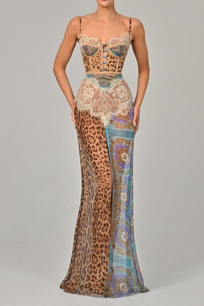 Chiffon Splicing Lace Split Leopard Print Maxi Dress