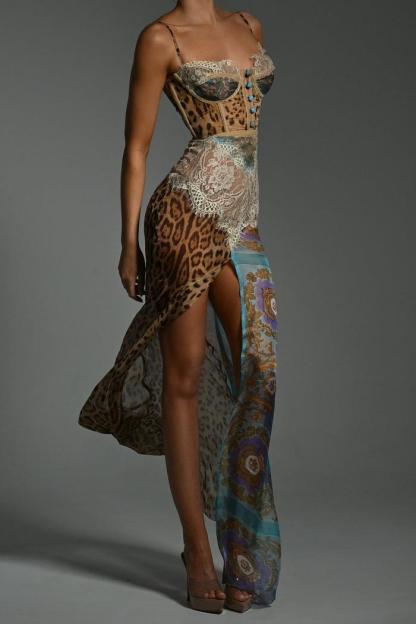 Chiffon Splicing Lace Split Leopard Print Maxi Dress