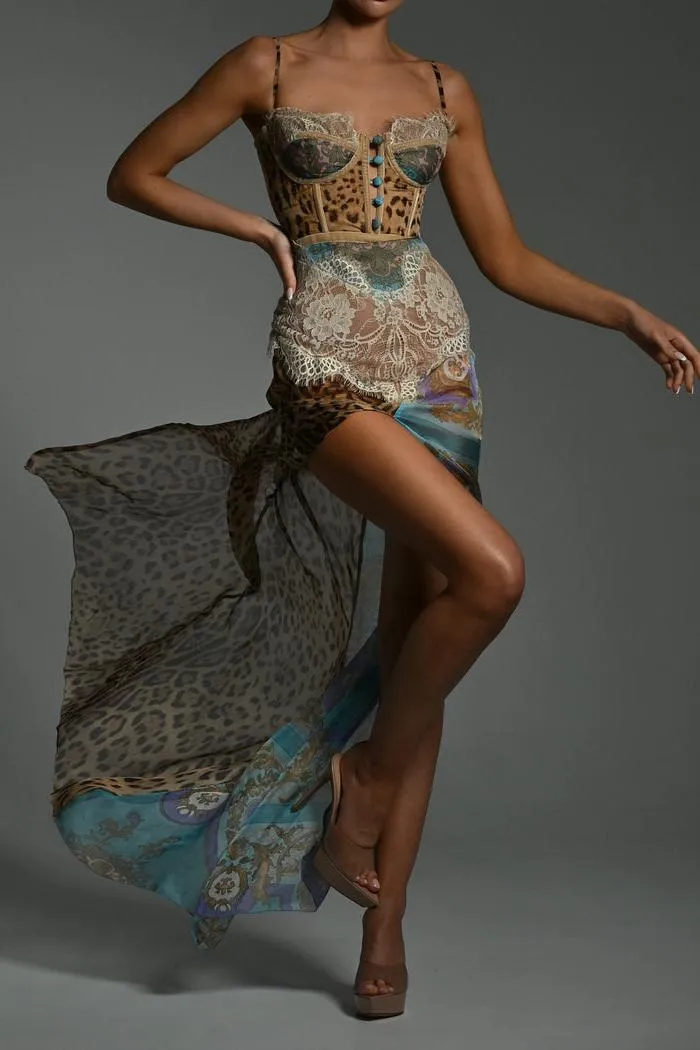 Chiffon Splicing Lace Split Leopard Print Maxi Dress