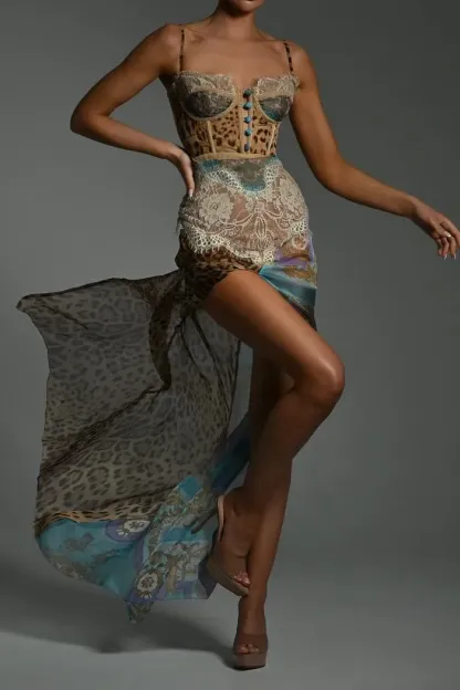 Chiffon Splicing Lace Split Leopard Print Maxi Dress