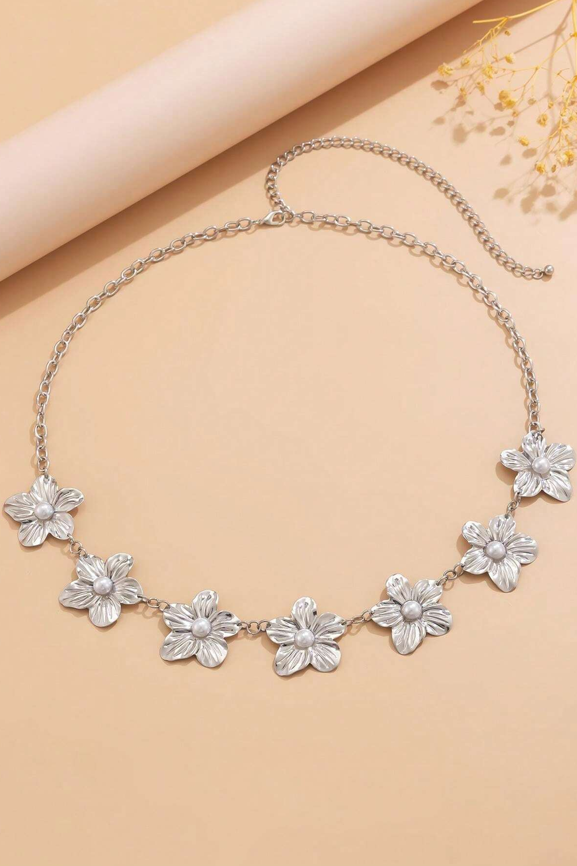 Faux Pearl Metal Flowers Waist Chain