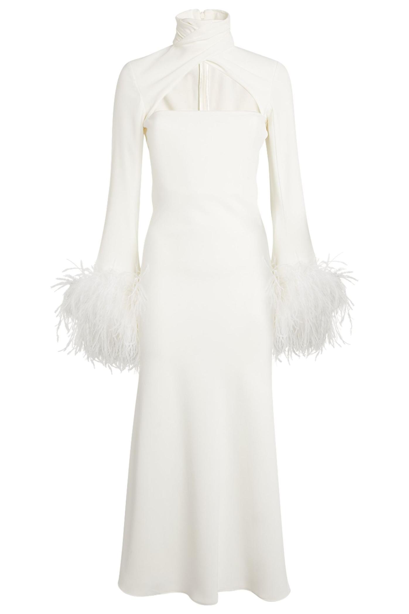 Feather Solid High Neck Midi Dress Black