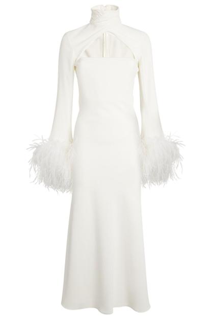 Feather Solid High Neck Midi Dress Black