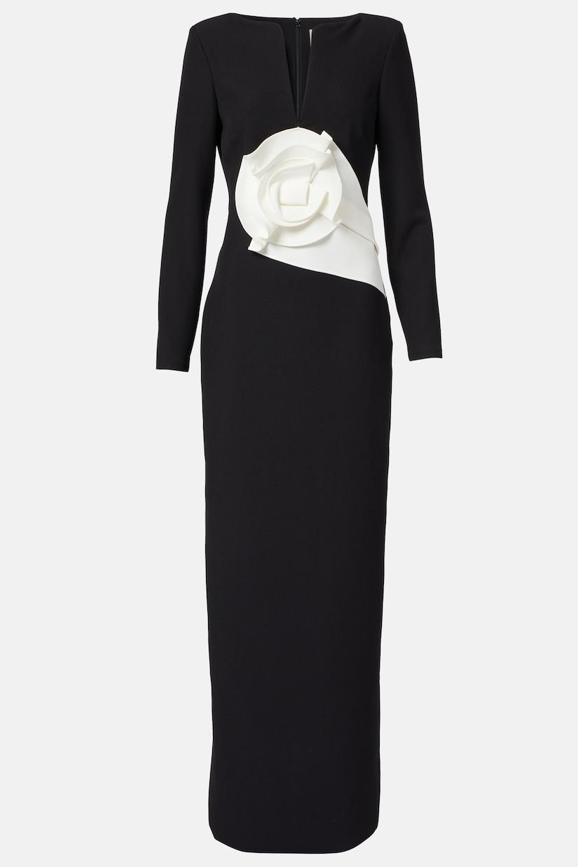 3D Flower Solid Long Sleeve Maxi Dress