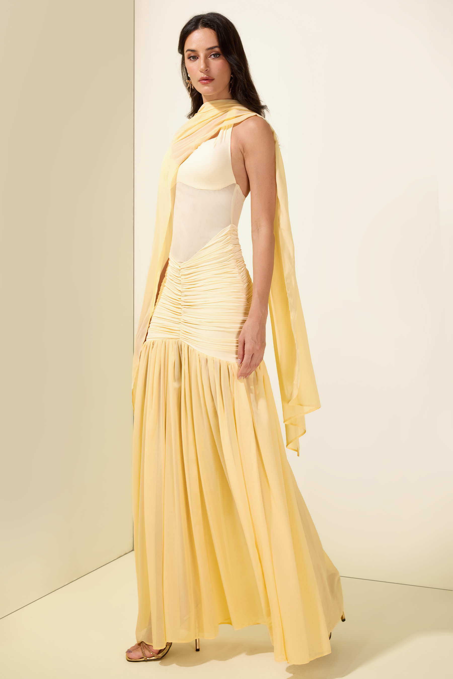 Chiffon Jersey Gathering Midi Dress