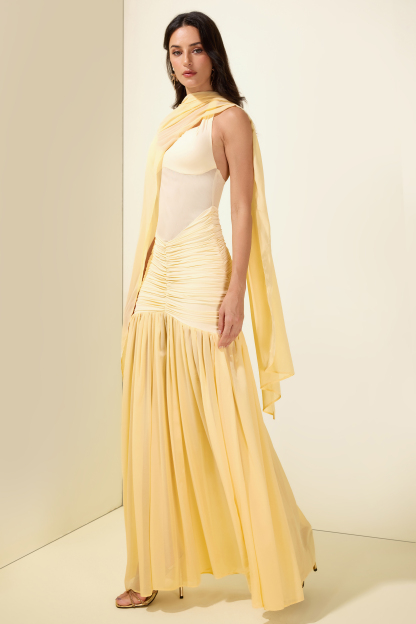 Chiffon Jersey Gathering Midi Dress