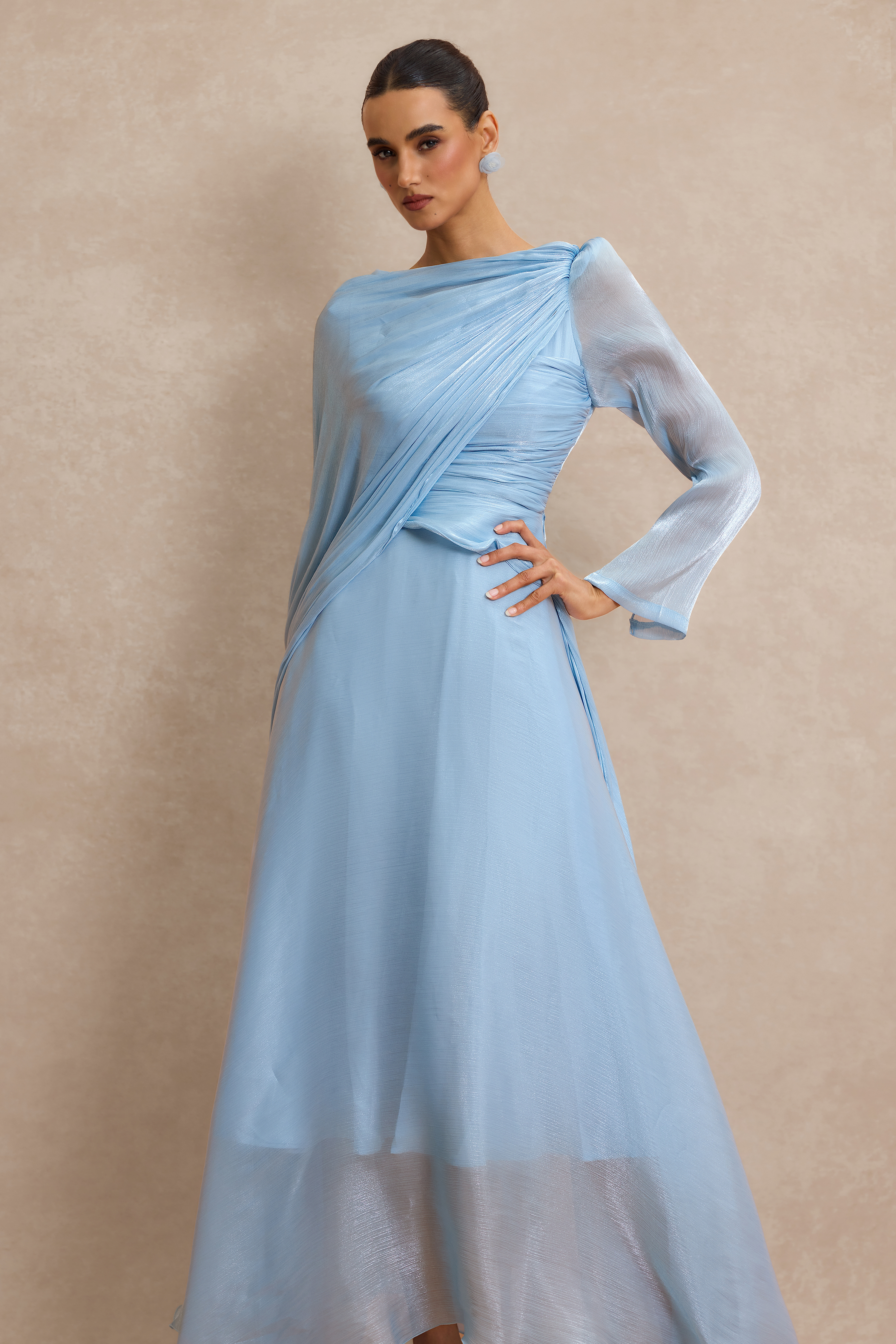 Solid Gathering Asymmetry Hem Cape Maxi Dress