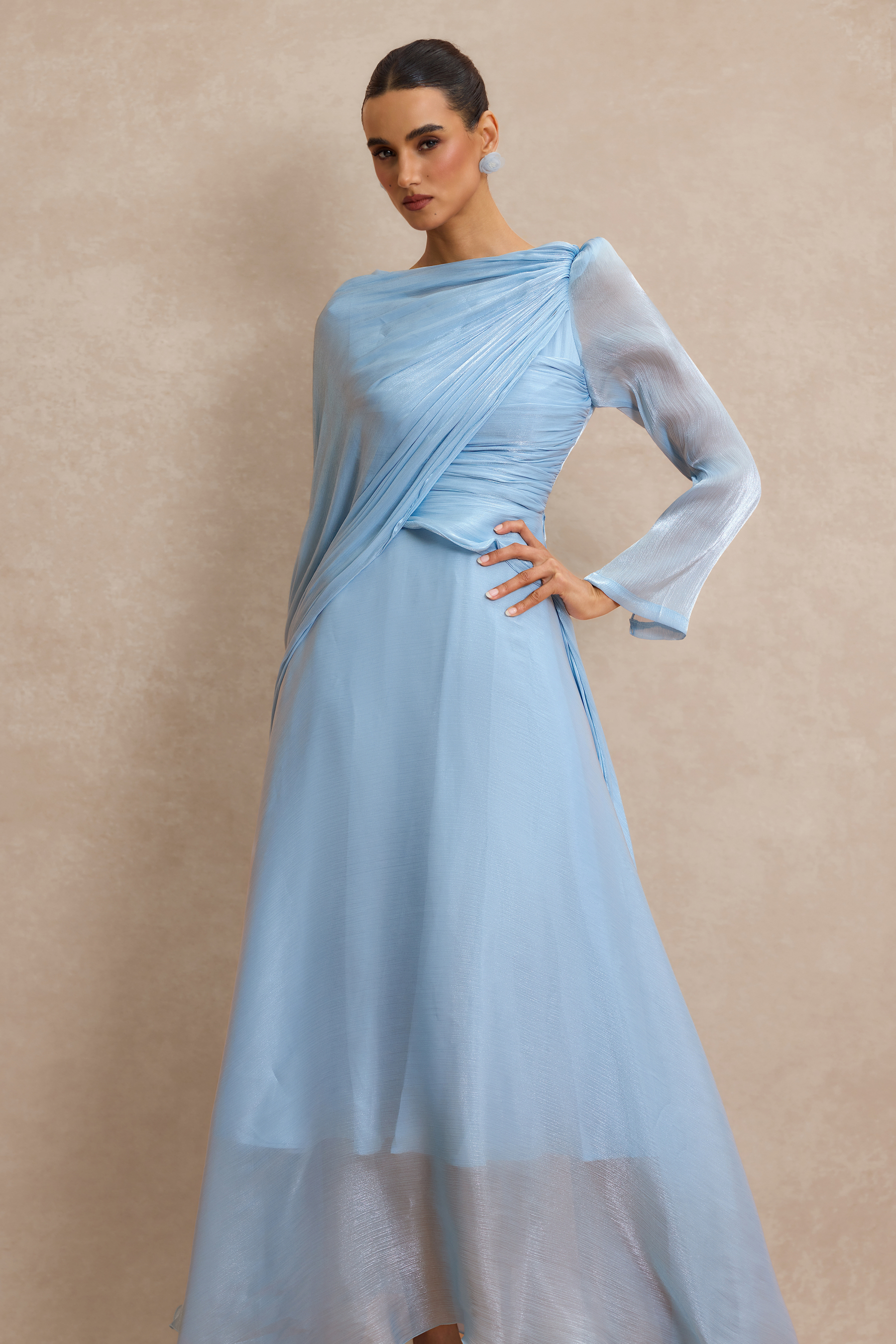 Solid Gathering Asymmetry Hem Cape Maxi Dress