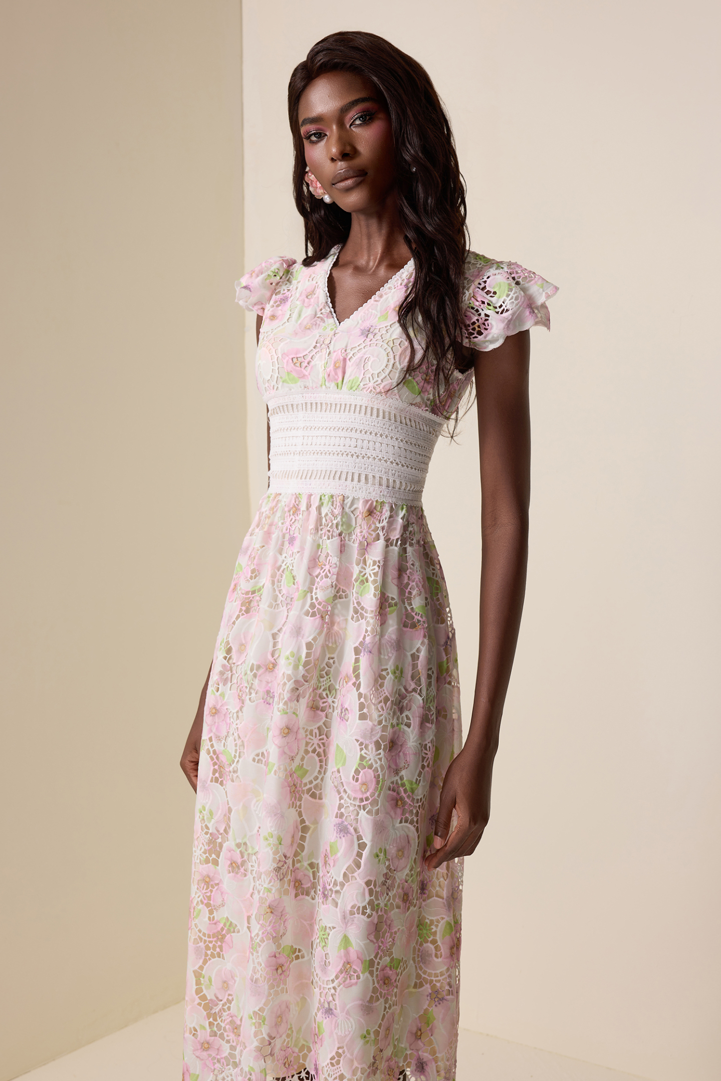 Lace Floral V-Neck Midi Dress