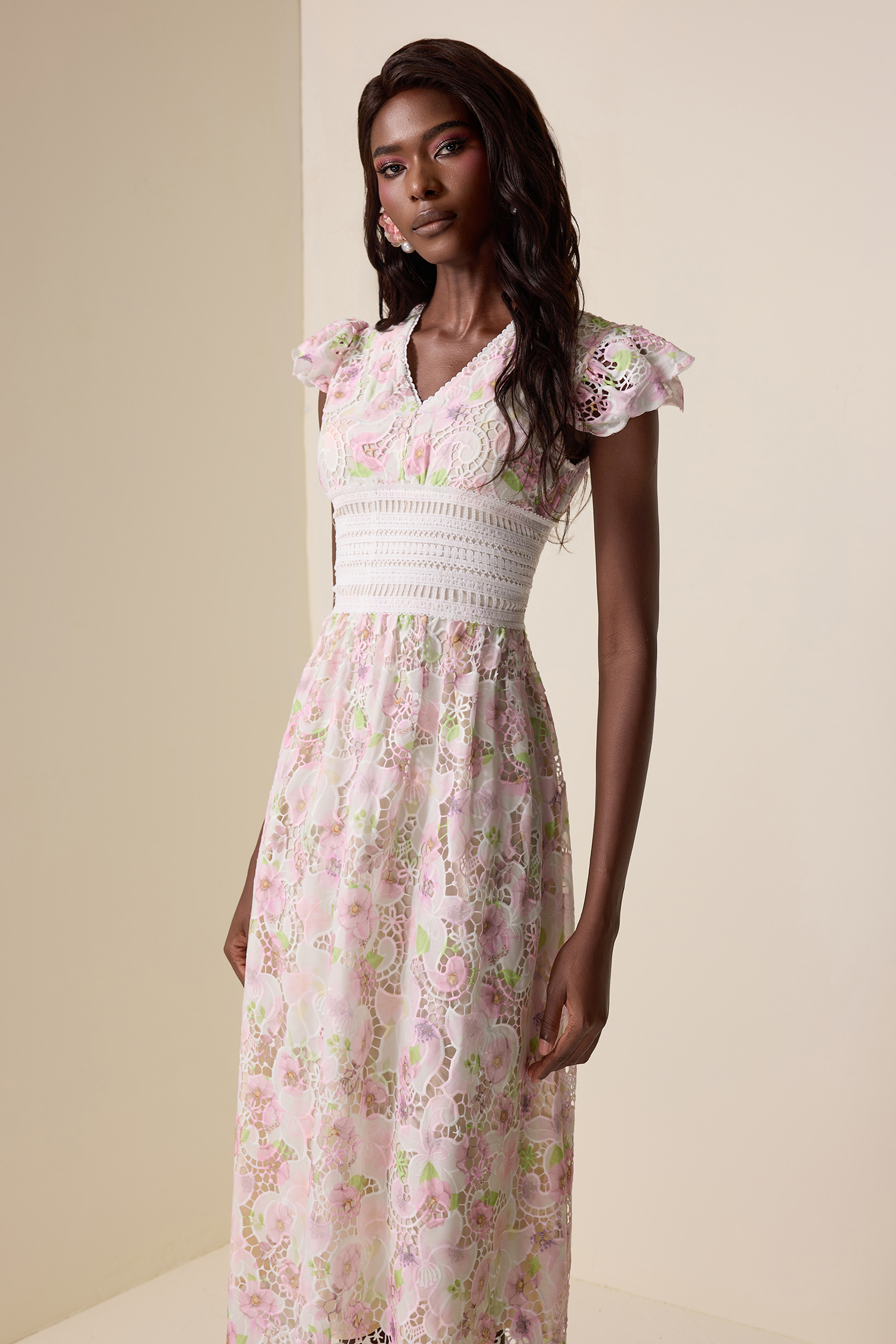 Lace Floral V-Neck Midi Dress