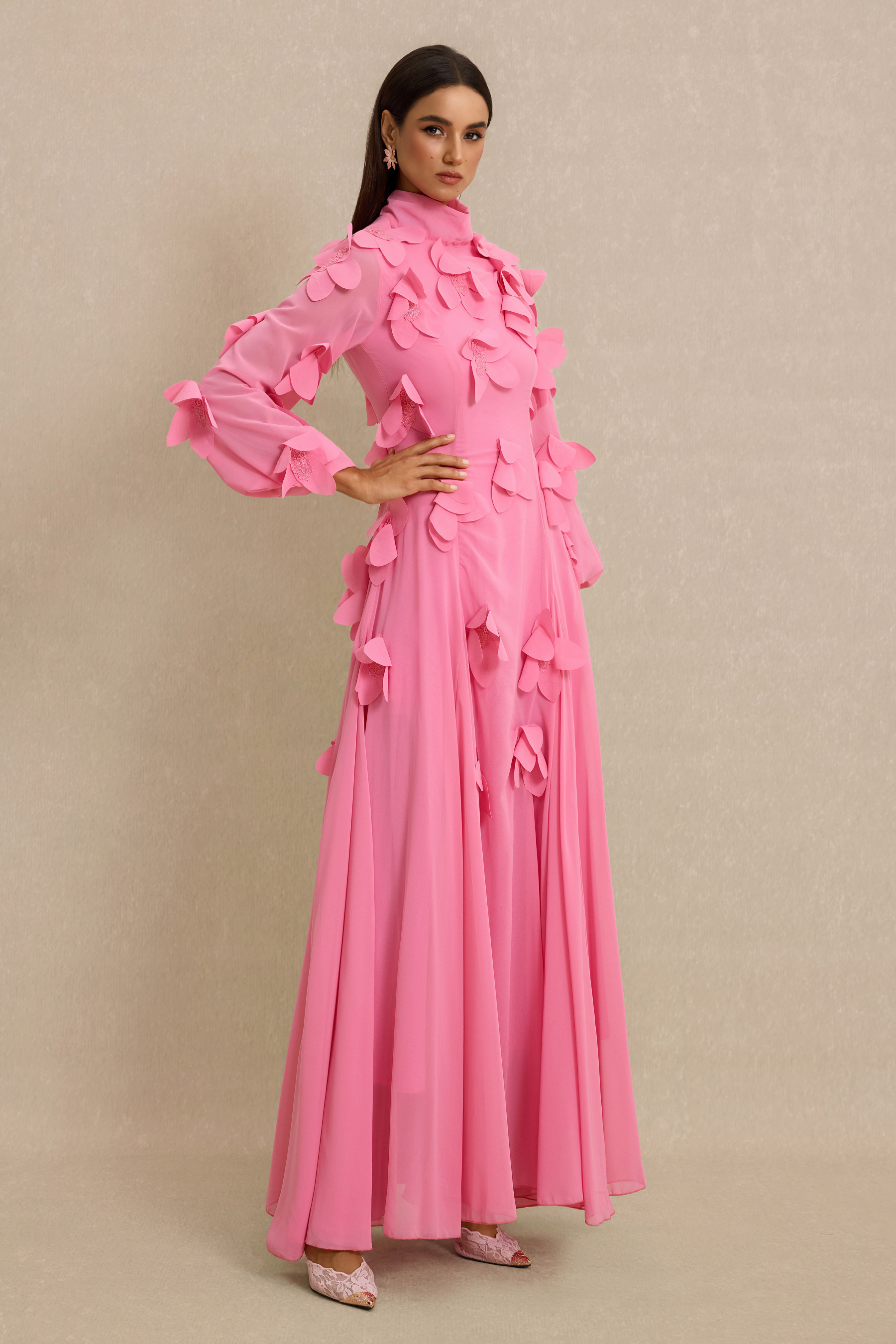 3D Flower Stand Collar Long Sleeve Maxi Dress