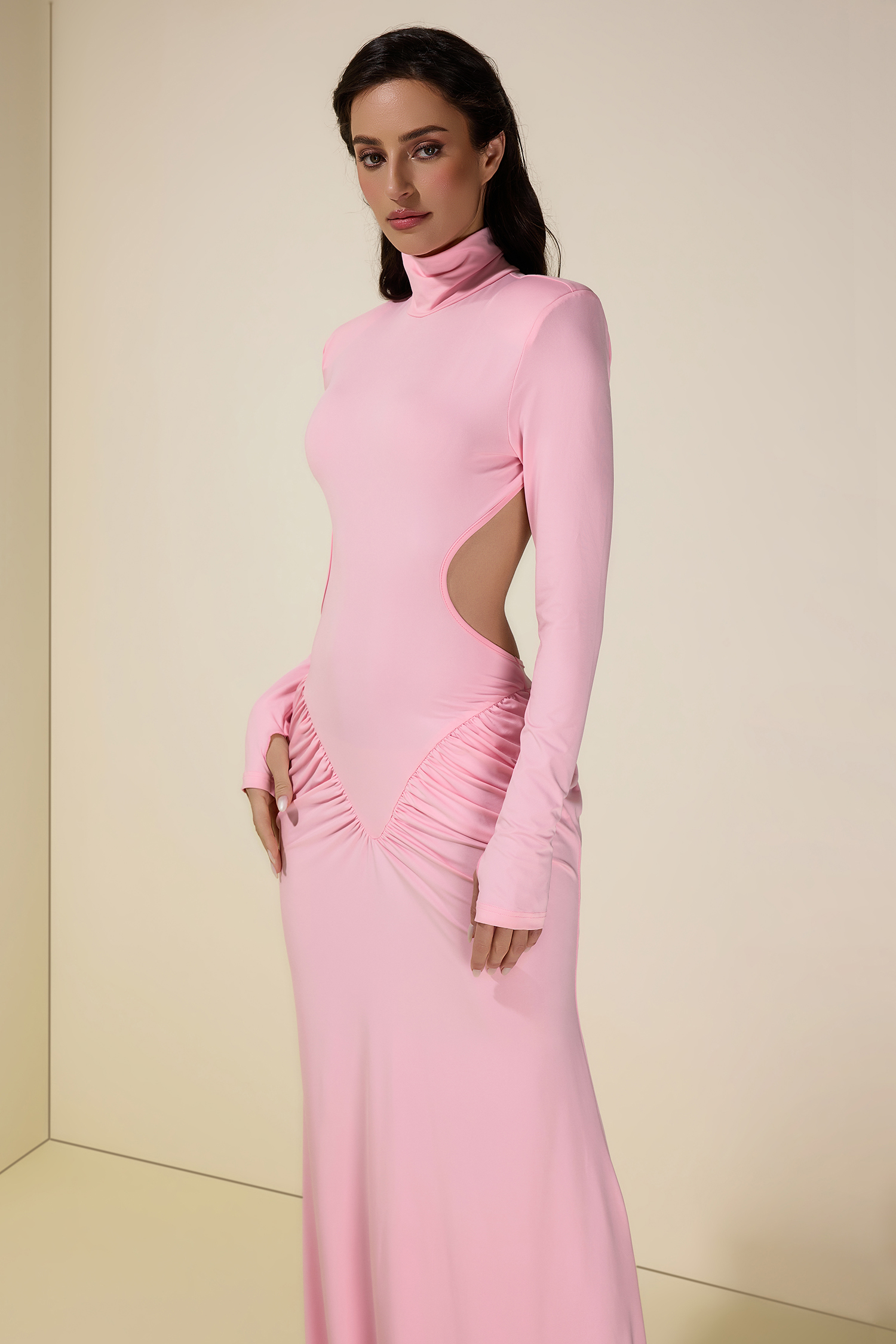 gathered cut out dress Women's Aquila Gathered Cut-Out Mesh Spandex Ankle Length Dress S/M/L/Customize Plum MEAN BLVD Plum / Customize