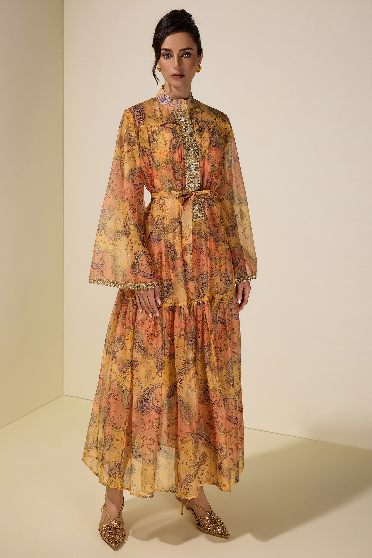 Paisley Print Stand Collar Lace Midi Dress With Belt