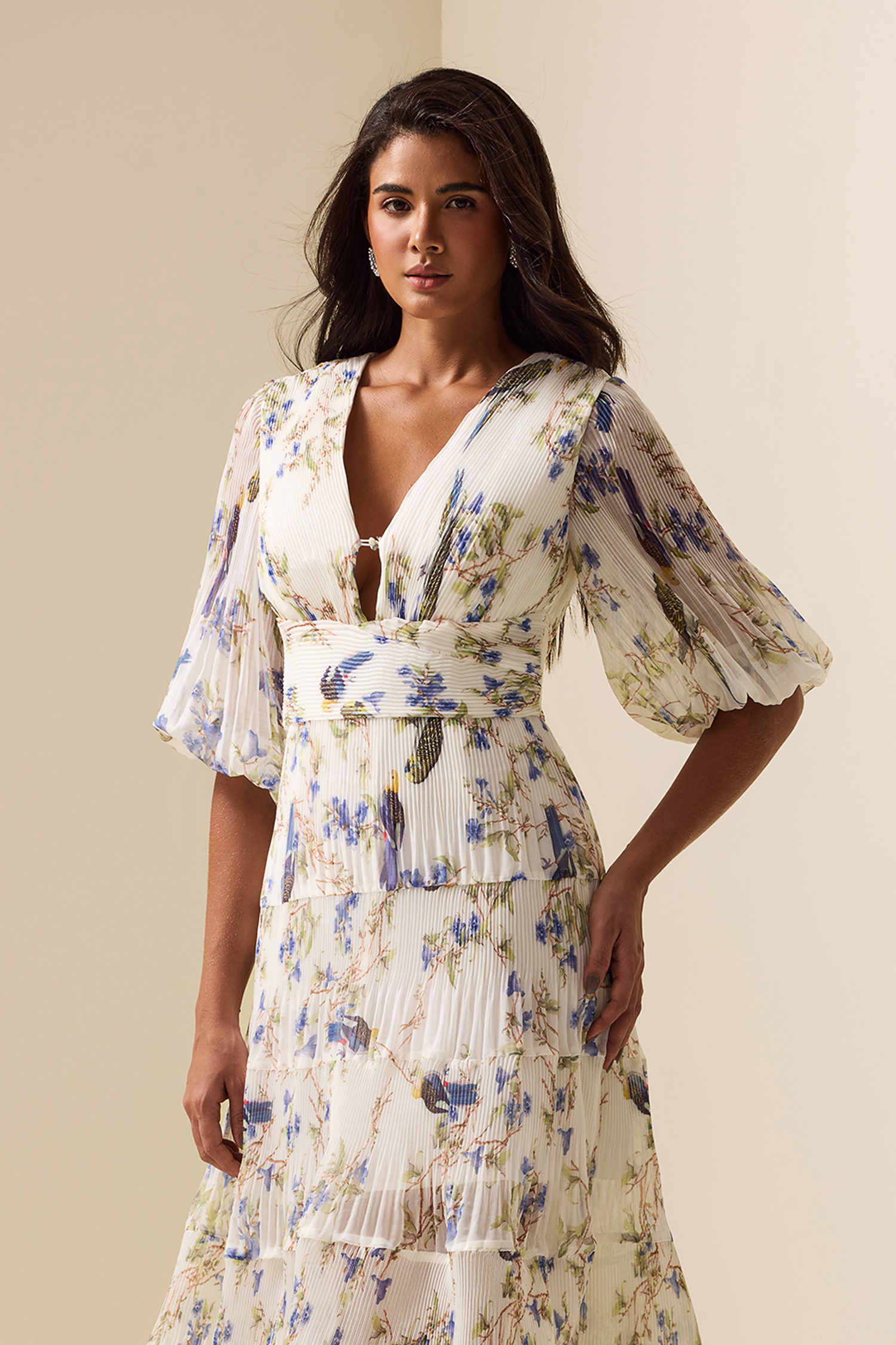 Belted Pleated Printed Chiffon Midi Dress