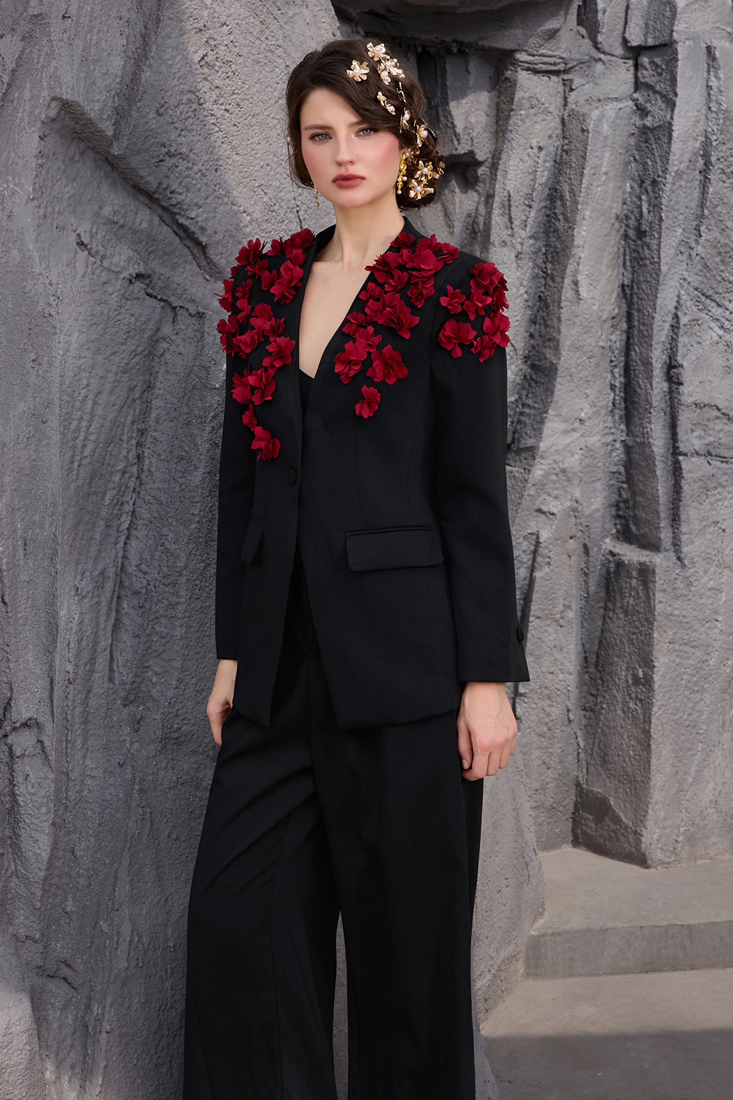 3D Flower V-Neck Top &  Loose Pants Set