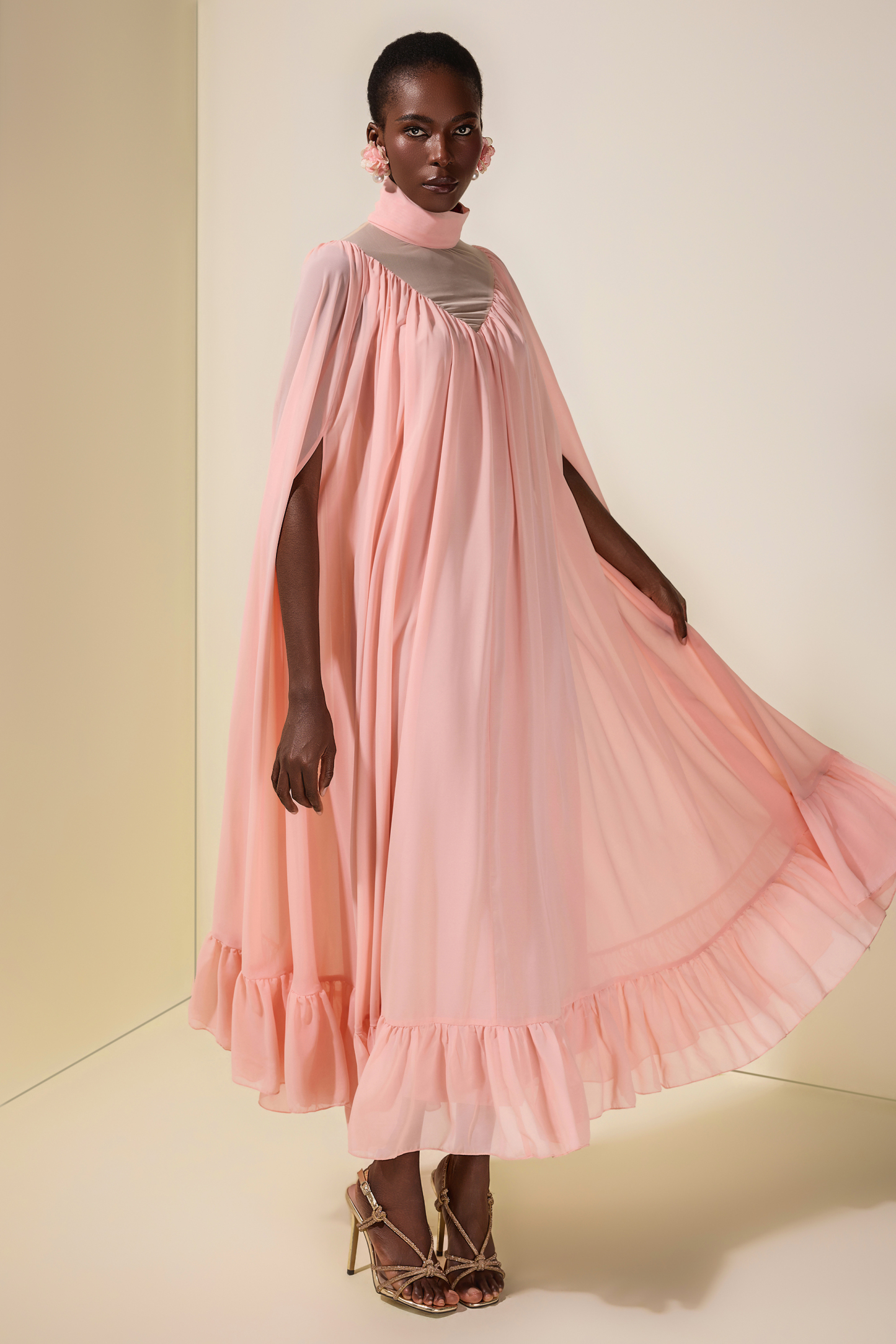 Chiffon Ruffle Cape Sleeve Maxi Dress