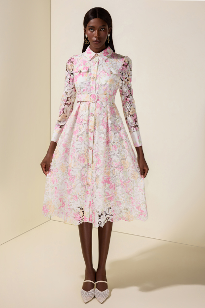 Lace Floral Single Breasted Midi Dress With Belt