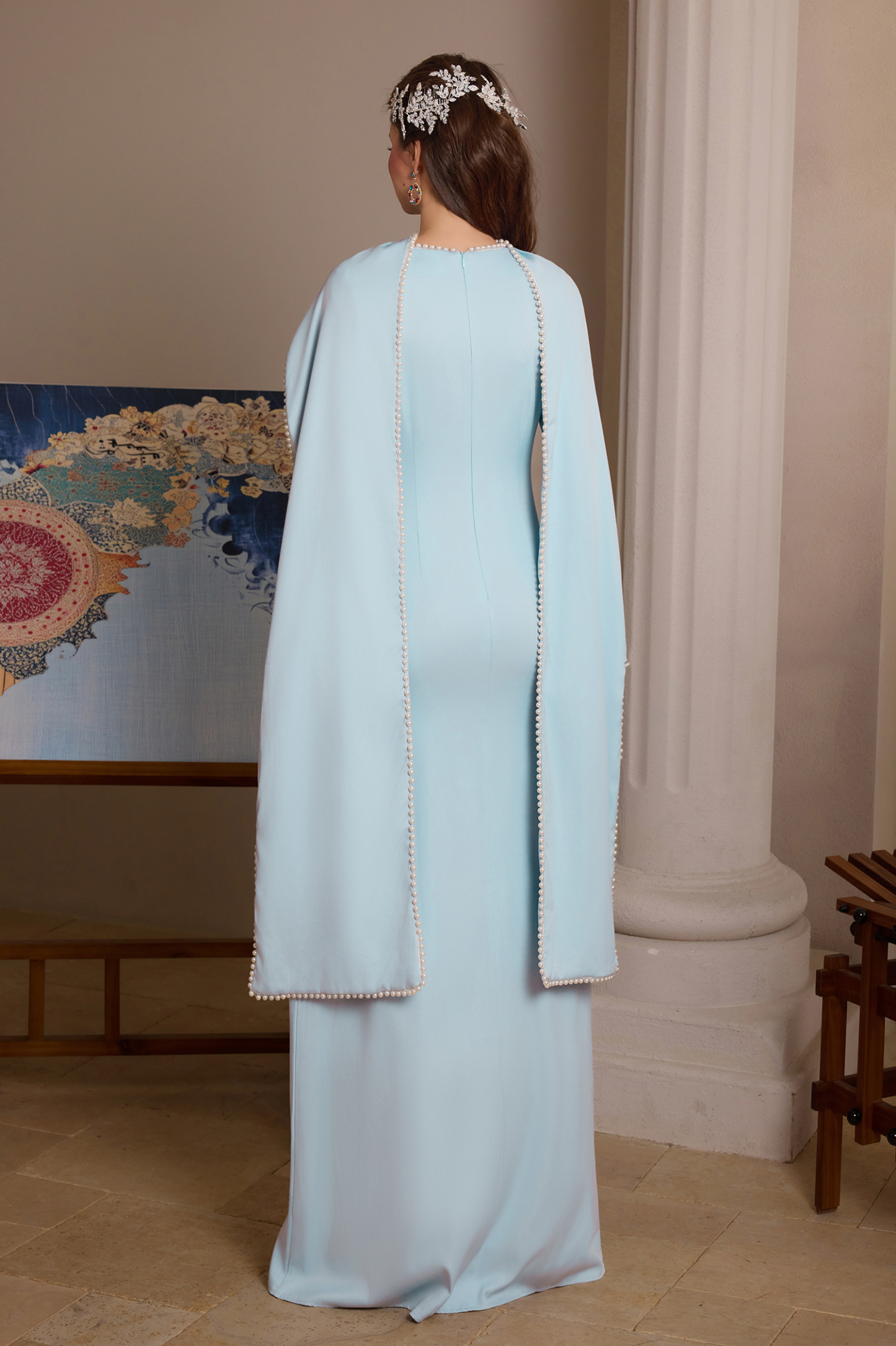 Solid Long Sleeve Faux Pearl Maxi Dress