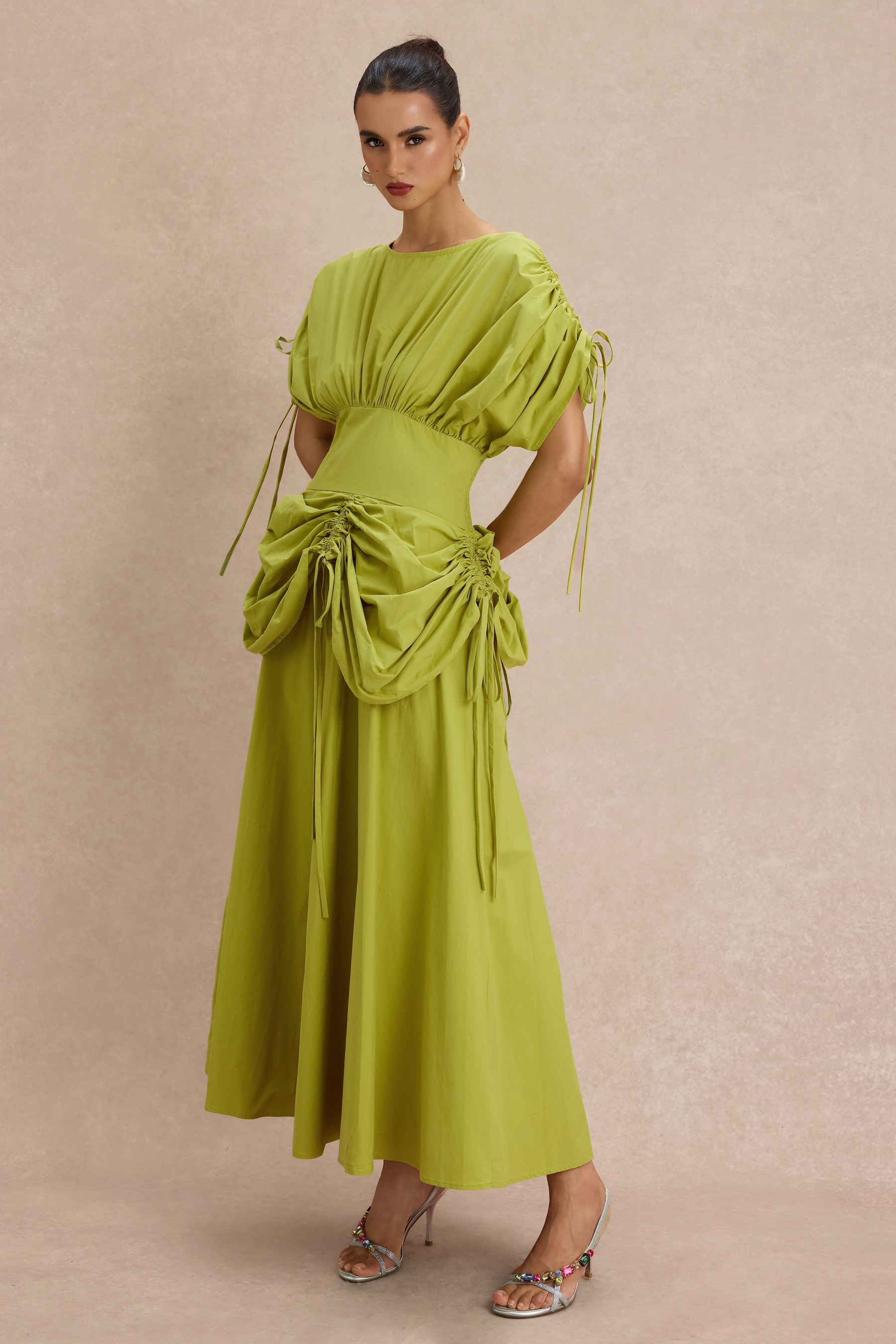 Shirring Batwing Sleeve Gathering Midi Dress
