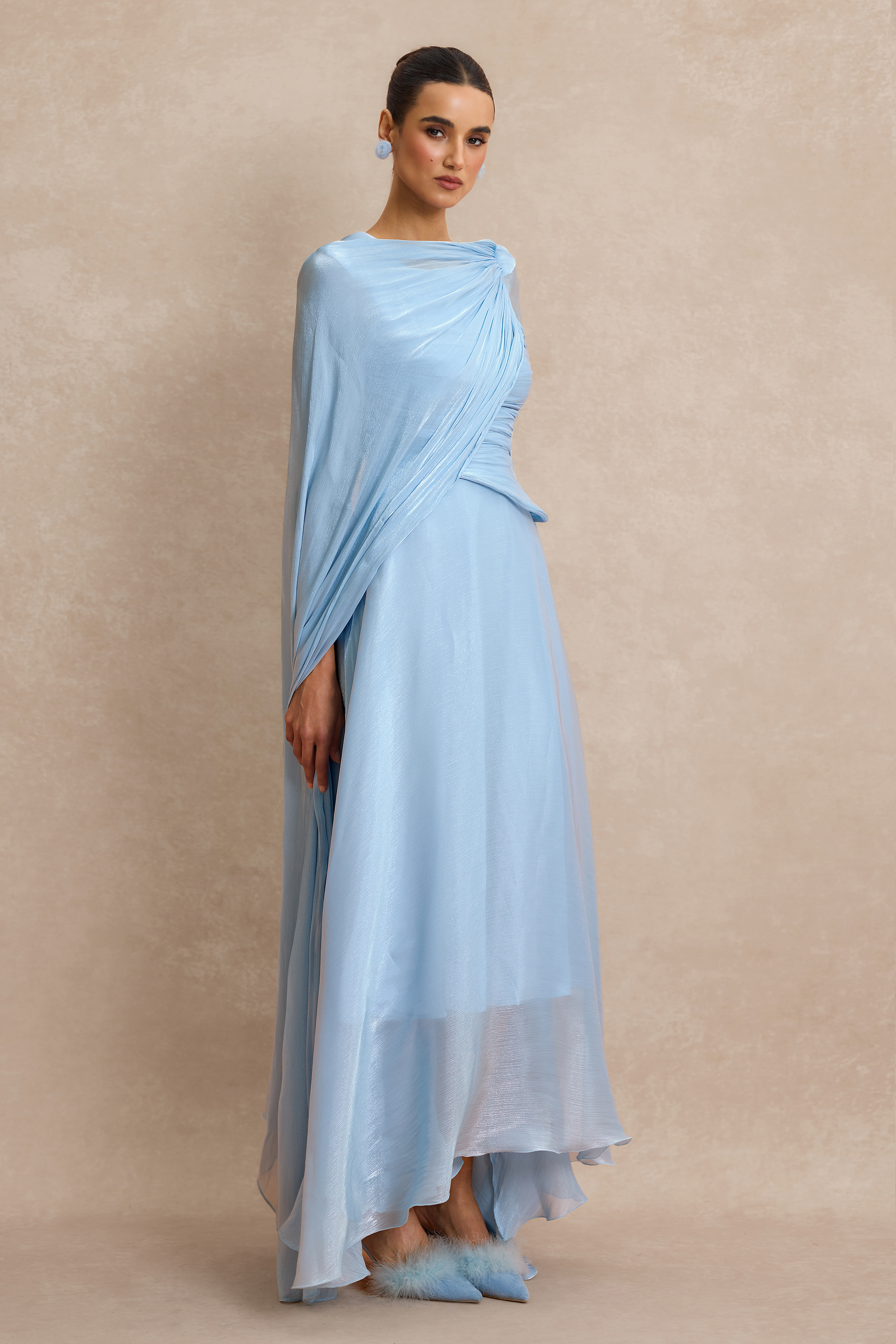 Solid Gathering Asymmetry Hem Cape Maxi Dress