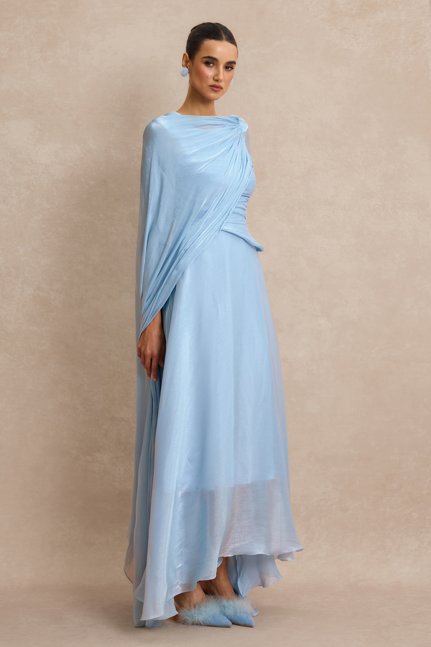 Solid Gathering Asymmetry Hem Cape Maxi Dress
