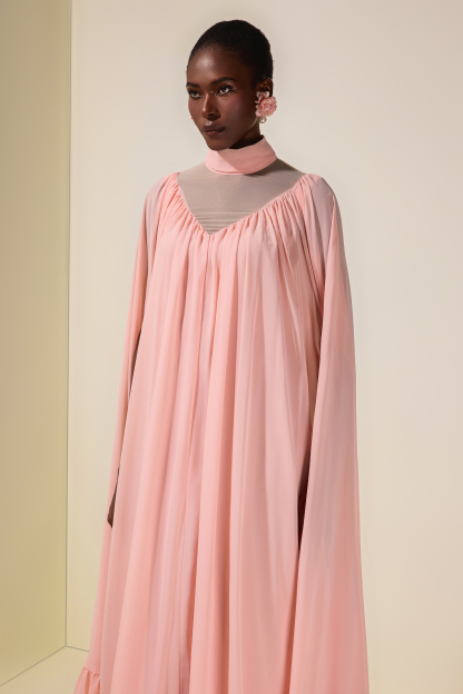 Chiffon Ruffle Cape Sleeve Maxi Dress
