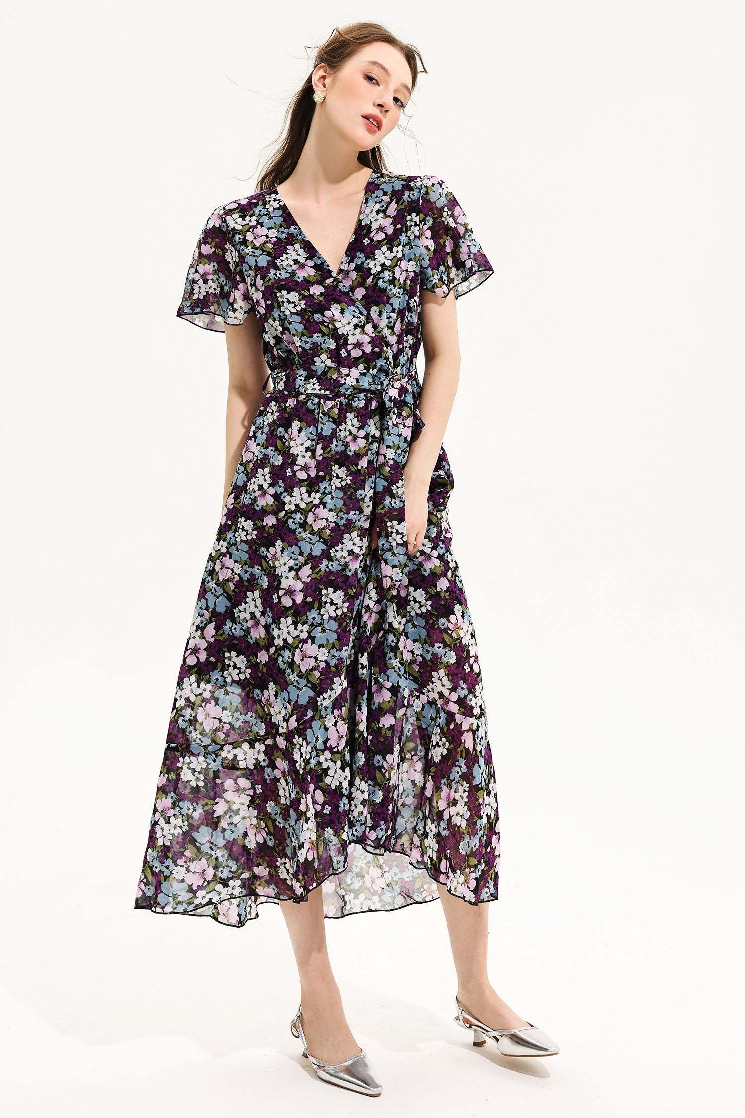 Floral V-Neck Short Sleeve Midi Dress Yellow