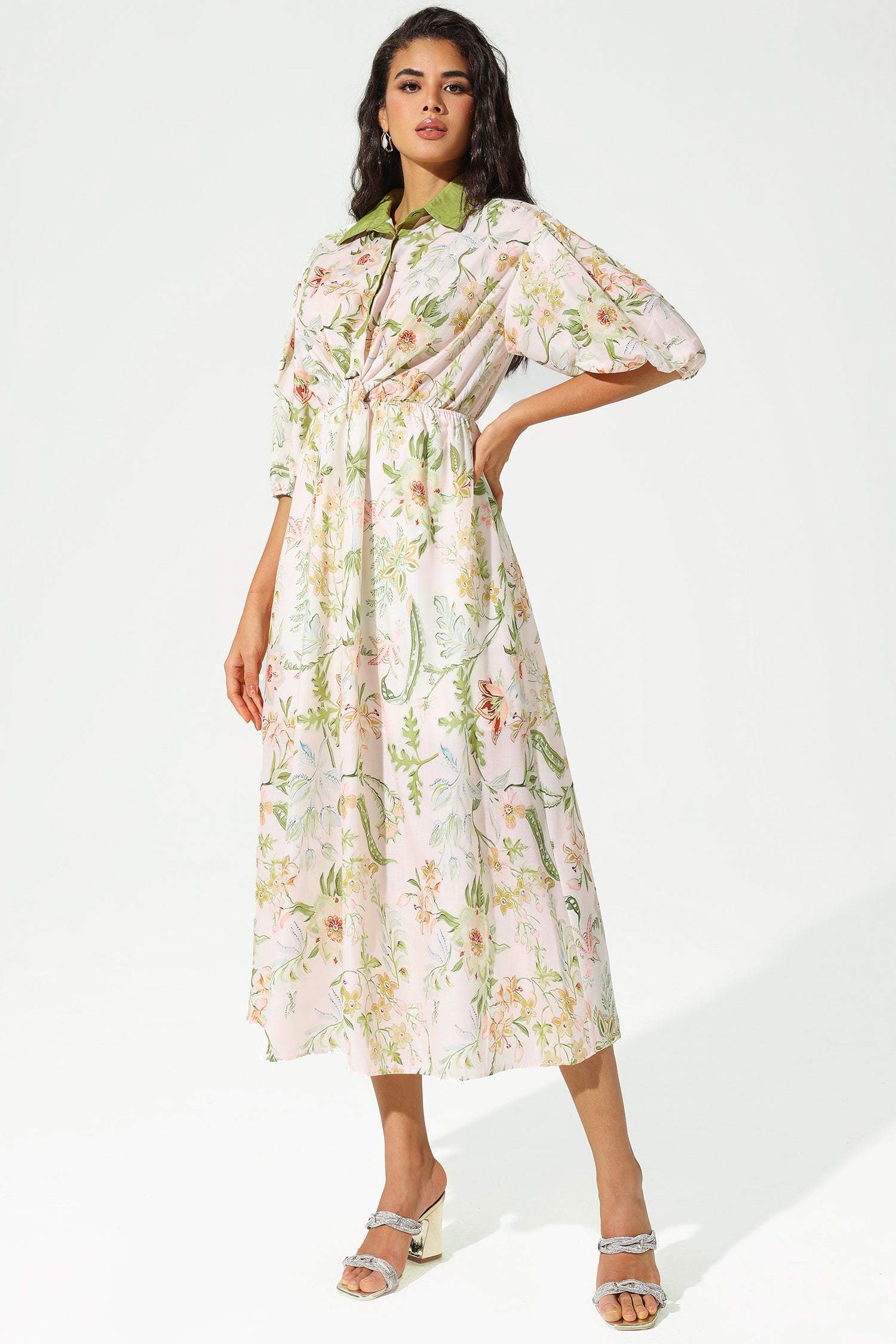 Floral Mid Sleeve Lapel Lace Up Midi Dress